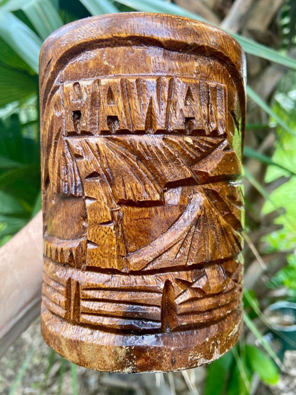Handmade Carved Vintage Wood Mug Hawaii Palm Tree Beach Tiki 4 3/4" Tall